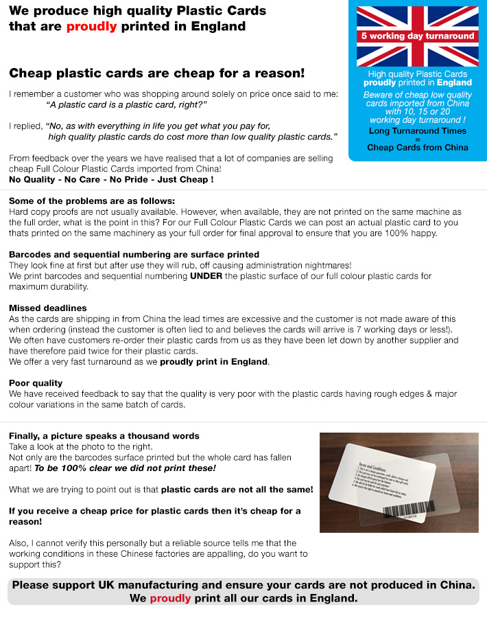 beware of cheap plastic cards that are printed in china with poor quality and long turnaround times